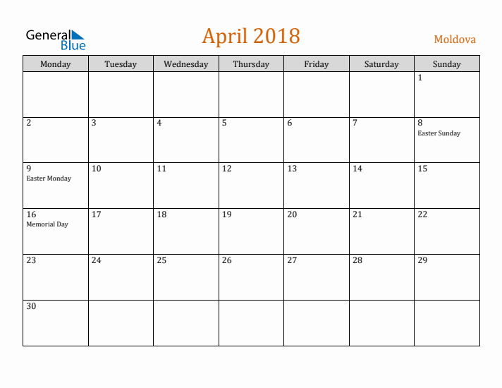 April 2018 Holiday Calendar with Monday Start