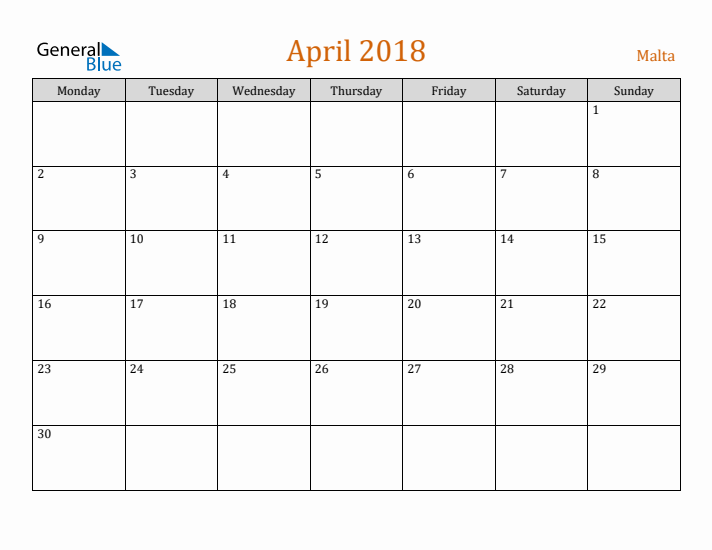 April 2018 Holiday Calendar with Monday Start