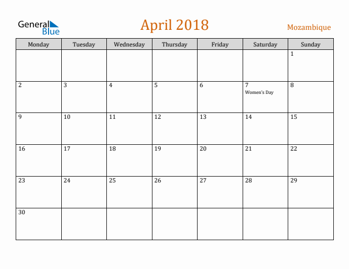 April 2018 Holiday Calendar with Monday Start