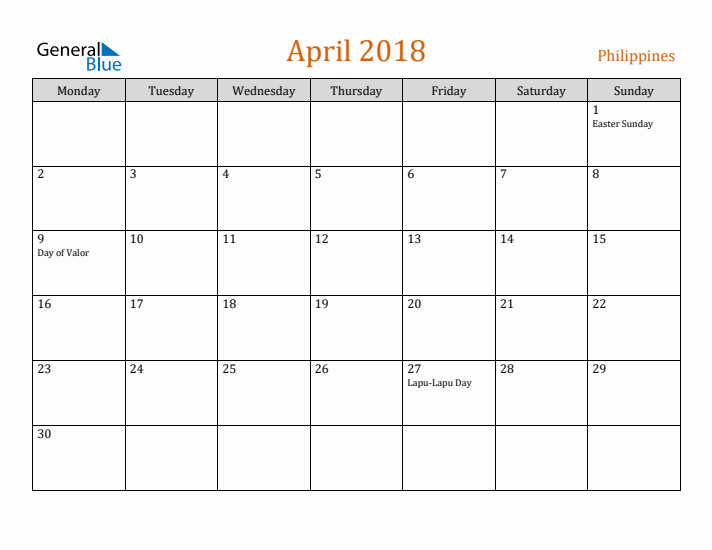 April 2018 Holiday Calendar with Monday Start