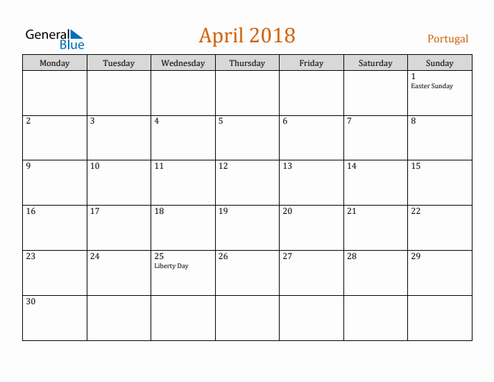 April 2018 Holiday Calendar with Monday Start