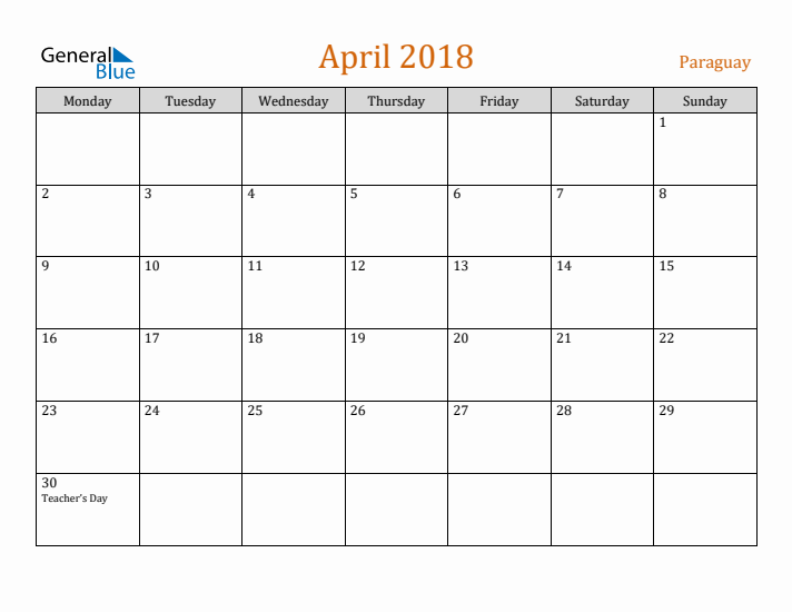 April 2018 Holiday Calendar with Monday Start