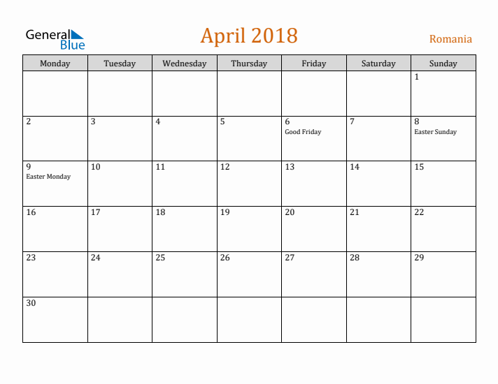 April 2018 Holiday Calendar with Monday Start