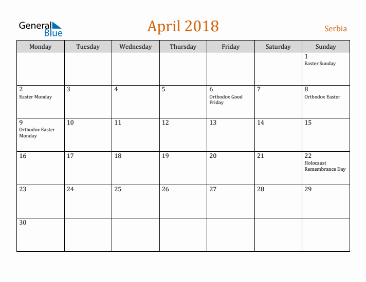 April 2018 Holiday Calendar with Monday Start