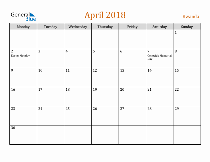 April 2018 Holiday Calendar with Monday Start