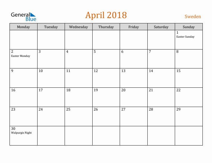 April 2018 Holiday Calendar with Monday Start