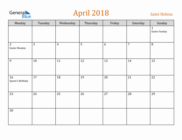 April 2018 Holiday Calendar with Monday Start