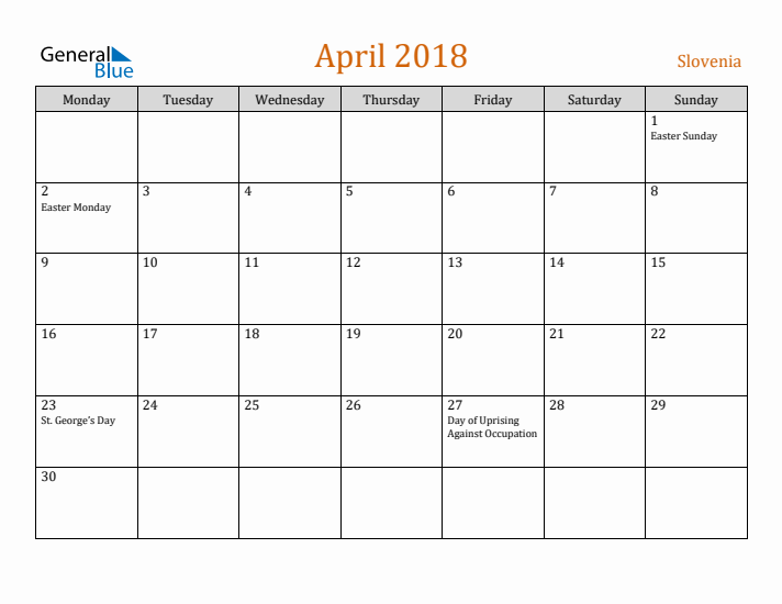 April 2018 Holiday Calendar with Monday Start