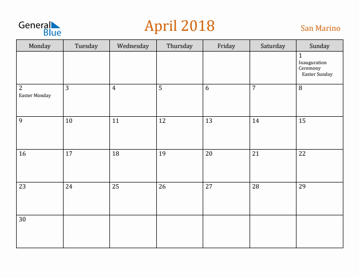 April 2018 Holiday Calendar with Monday Start