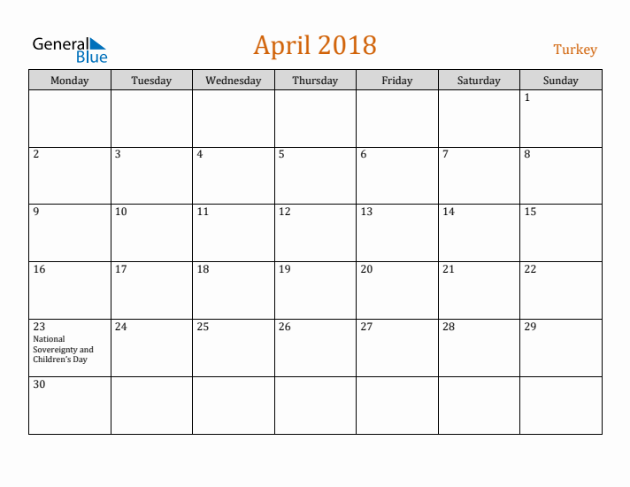 April 2018 Holiday Calendar with Monday Start