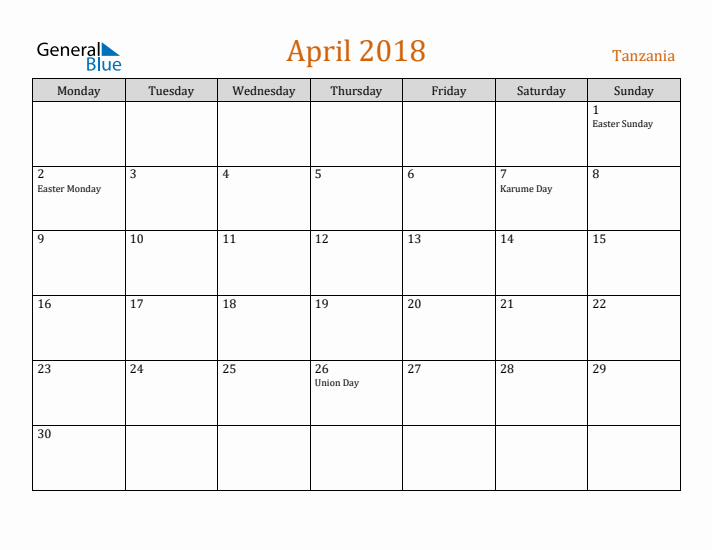 April 2018 Holiday Calendar with Monday Start