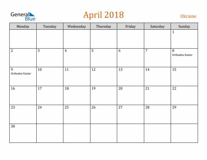 April 2018 Holiday Calendar with Monday Start