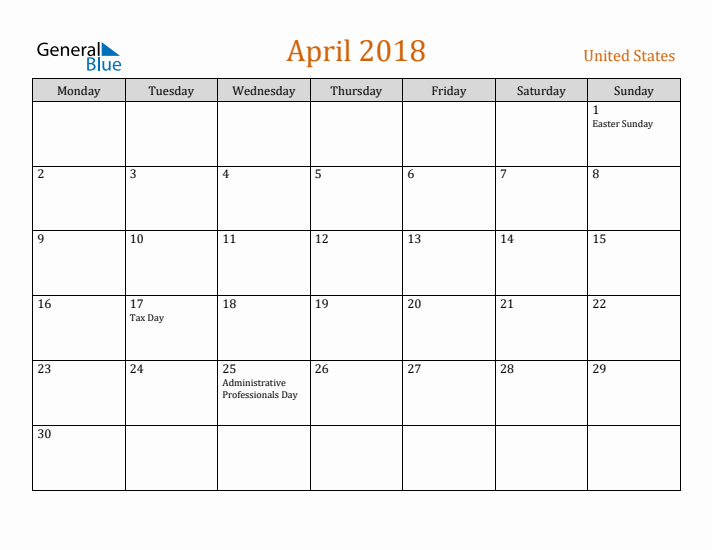 April 2018 Holiday Calendar with Monday Start