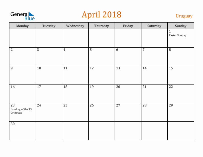 April 2018 Holiday Calendar with Monday Start