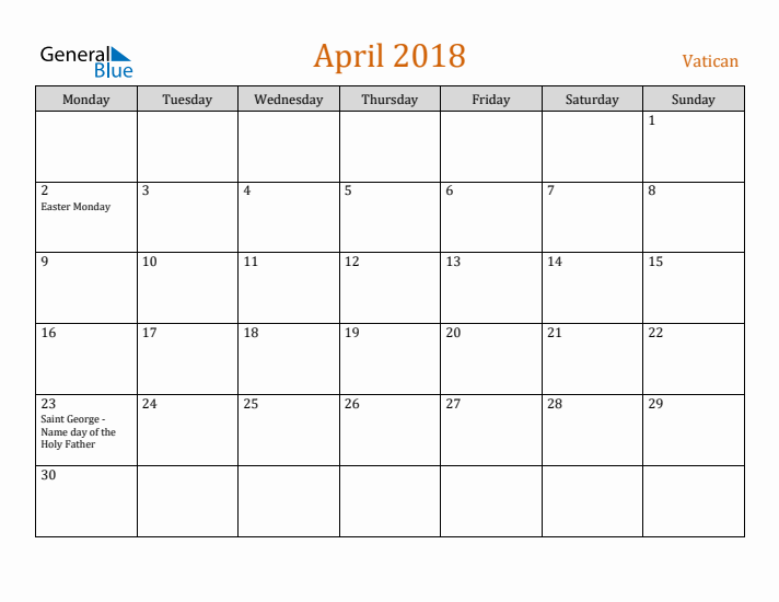 April 2018 Holiday Calendar with Monday Start