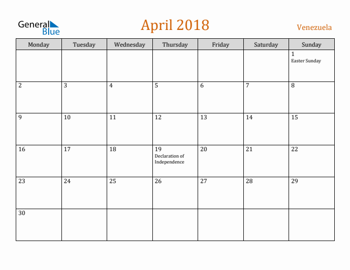 April 2018 Holiday Calendar with Monday Start