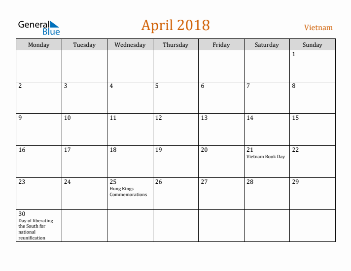 April 2018 Holiday Calendar with Monday Start