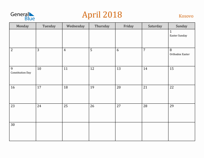 April 2018 Holiday Calendar with Monday Start