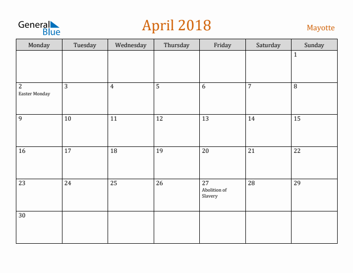 April 2018 Holiday Calendar with Monday Start