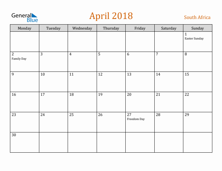 April 2018 Holiday Calendar with Monday Start