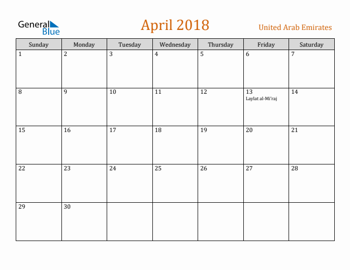 April 2018 Holiday Calendar with Sunday Start