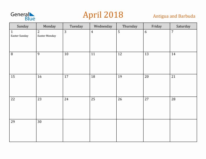 April 2018 Holiday Calendar with Sunday Start