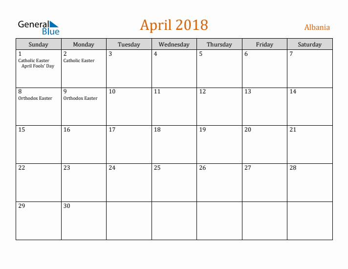 April 2018 Holiday Calendar with Sunday Start