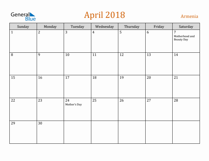 April 2018 Holiday Calendar with Sunday Start