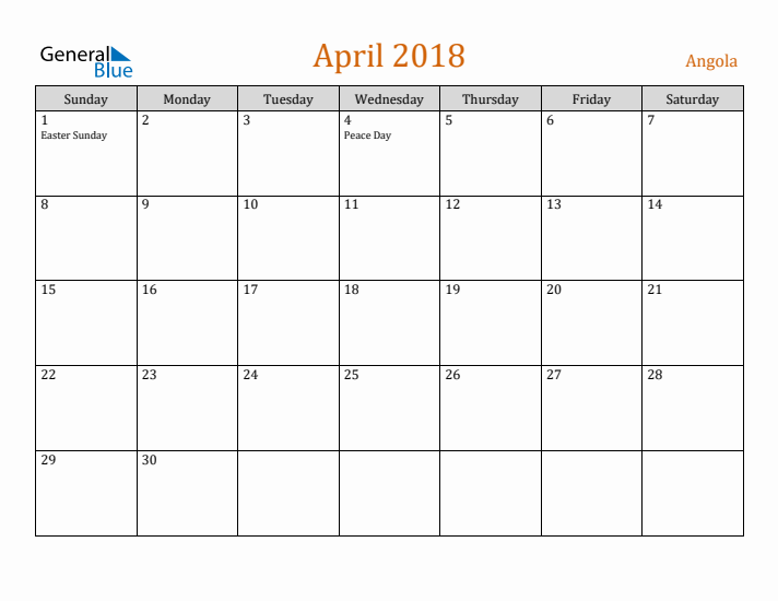 April 2018 Holiday Calendar with Sunday Start