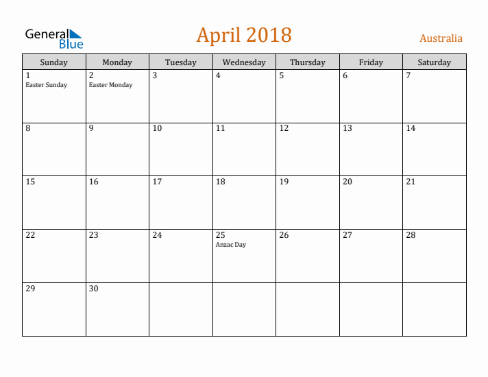 April 2018 Holiday Calendar with Sunday Start