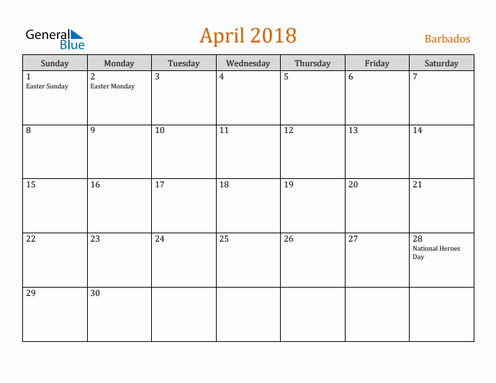 April 2018 Holiday Calendar with Sunday Start