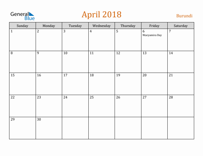 April 2018 Holiday Calendar with Sunday Start