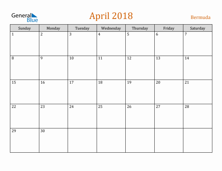 April 2018 Holiday Calendar with Sunday Start