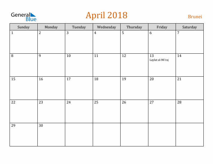 April 2018 Holiday Calendar with Sunday Start