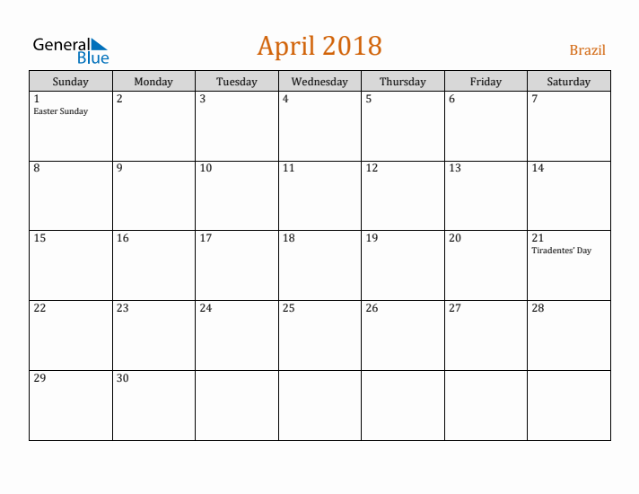 April 2018 Holiday Calendar with Sunday Start