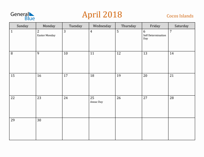 April 2018 Holiday Calendar with Sunday Start