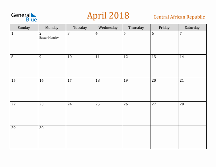 April 2018 Holiday Calendar with Sunday Start