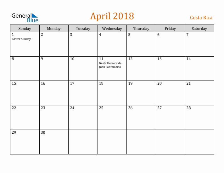 April 2018 Holiday Calendar with Sunday Start