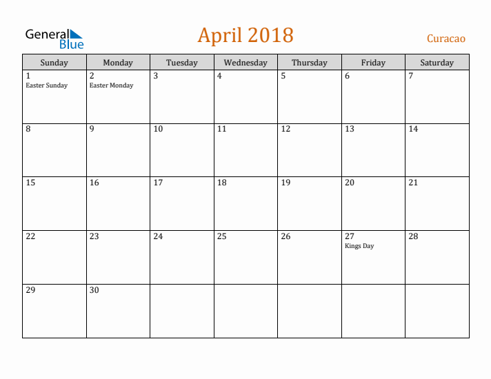 April 2018 Holiday Calendar with Sunday Start