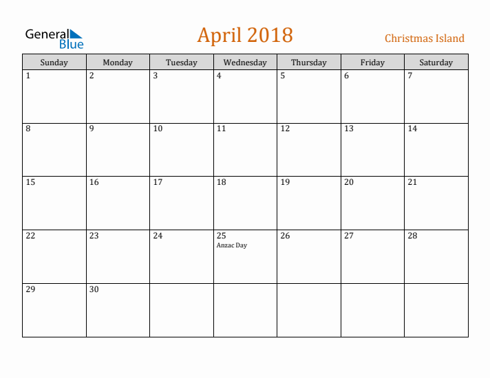 April 2018 Holiday Calendar with Sunday Start