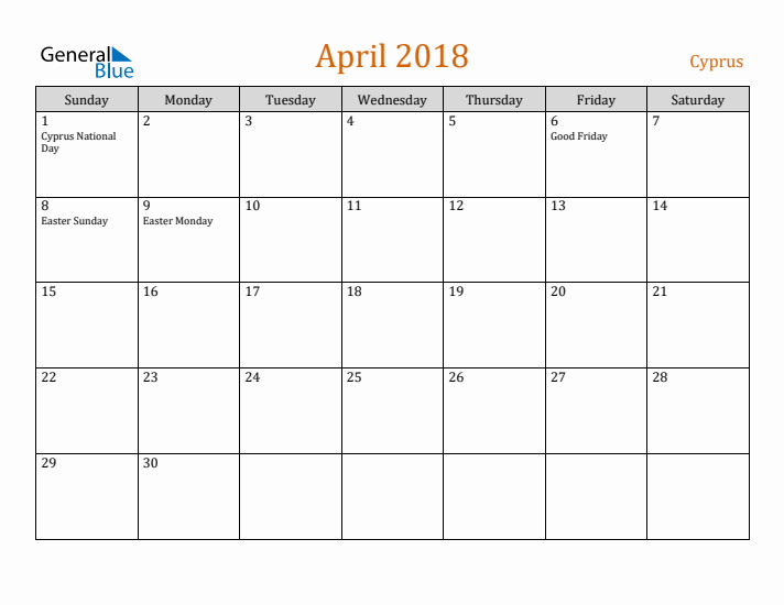 April 2018 Holiday Calendar with Sunday Start