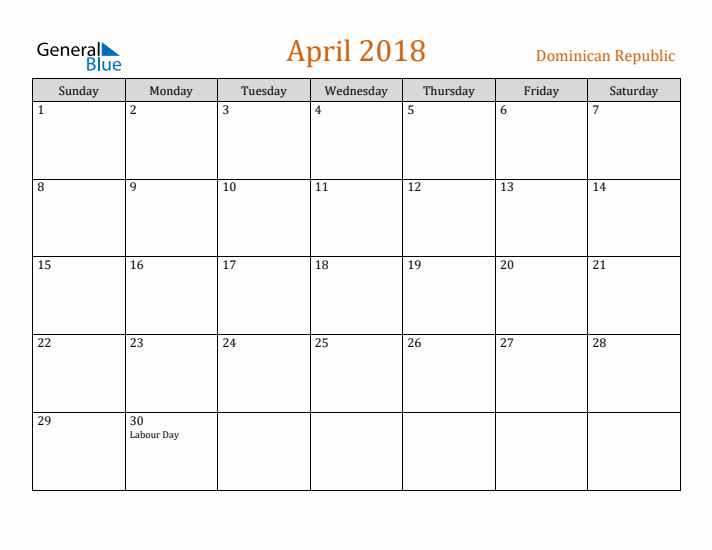 April 2018 Holiday Calendar with Sunday Start