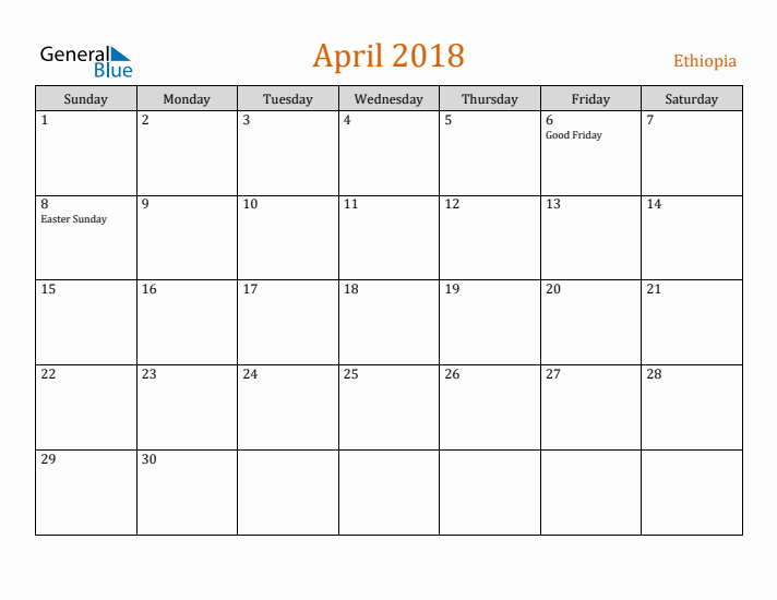 April 2018 Holiday Calendar with Sunday Start