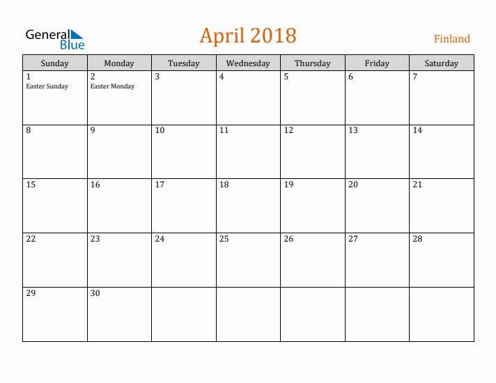 April 2018 Holiday Calendar with Sunday Start