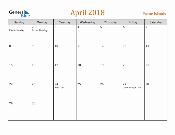 April 2018 Holiday Calendar with Sunday Start