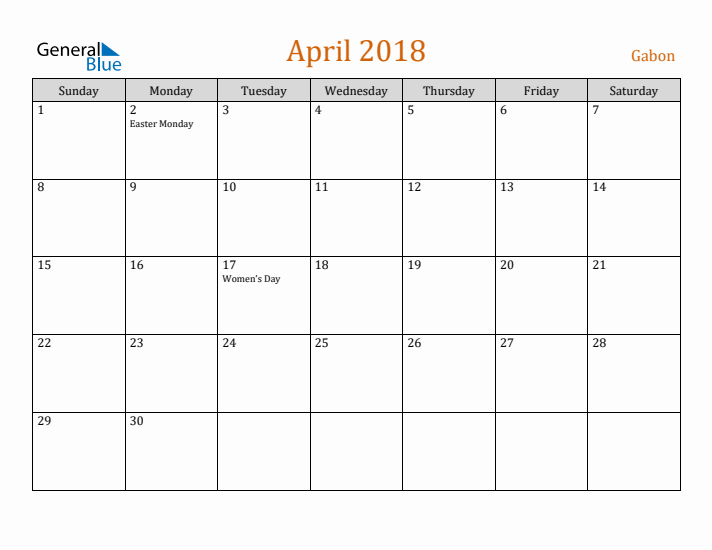 April 2018 Holiday Calendar with Sunday Start