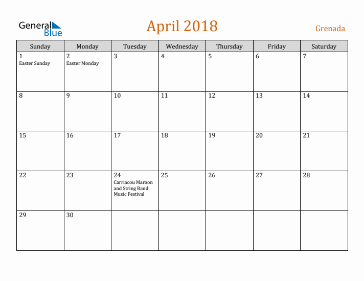 April 2018 Holiday Calendar with Sunday Start