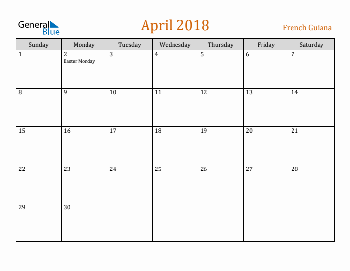 April 2018 Holiday Calendar with Sunday Start