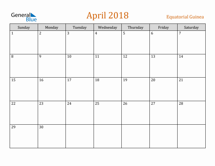 April 2018 Holiday Calendar with Sunday Start