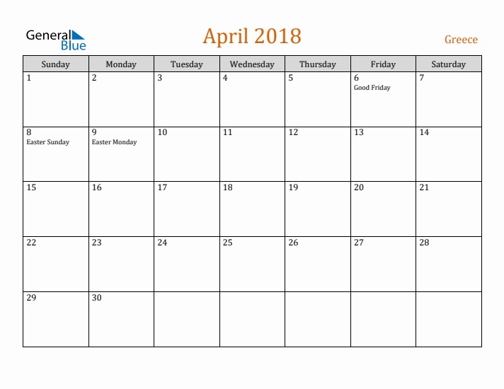 April 2018 Holiday Calendar with Sunday Start